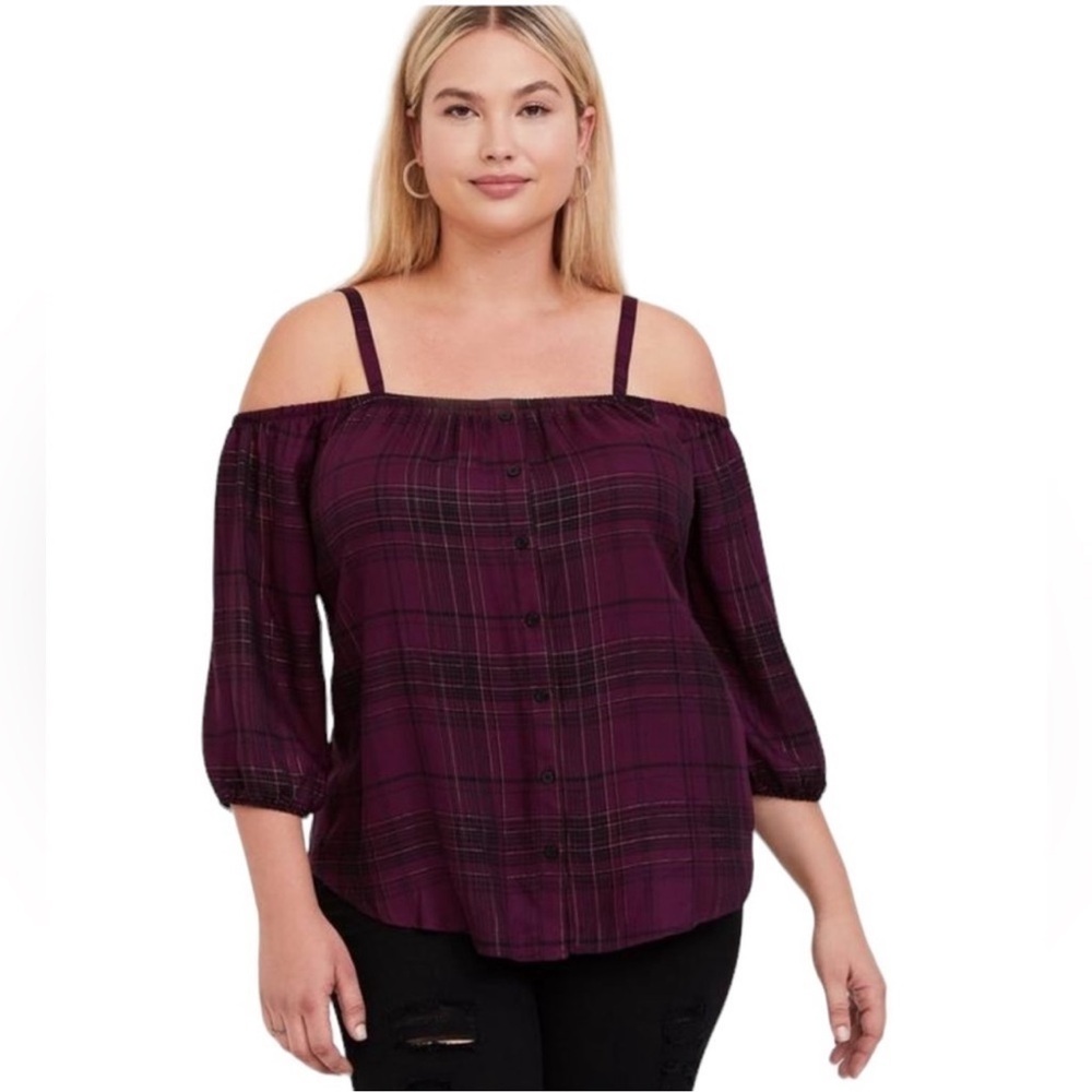 NWT Torrid Deep Purple Eggplant with Rose Gold & Black Plaid Off-Shoulder Blouse